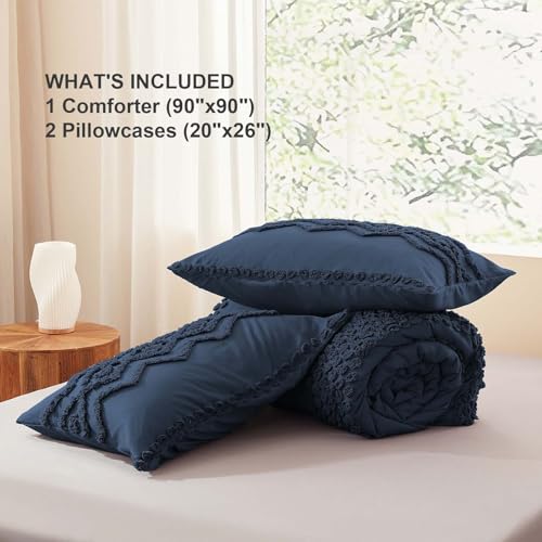 Image of Luxudecor Navy Blue Boho Tufted Comforter Set Queen Size 3 Pieces Boho Shabby Chic Comforter Farmhouse Embroidery Bedding Set Soft Comforter for All Seasons (Navy Blue, 90''x90'')