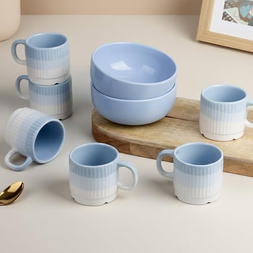 Image of The Earth Store Sky Blue Ceramic Snack Bowl & Tea Cup Combo | 2 Bowls + 6 Tea Cups(Fringe) | Microwave & Dishwasher Safe | Multipurpose Combo for Coffee, Snacking, Diwali Gifting