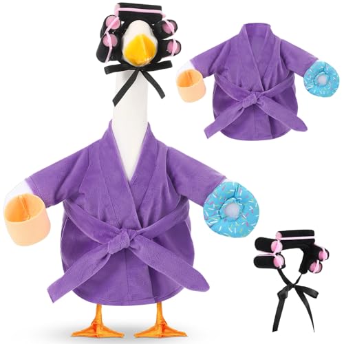 Shyyween Lady Porch Goose Outfit for 17 Cement Plastic Lawn Goose Statue Clothes Purple Bathrobe Coffee Cup Curlers for Outdoor Garden Yard Patio Decoration