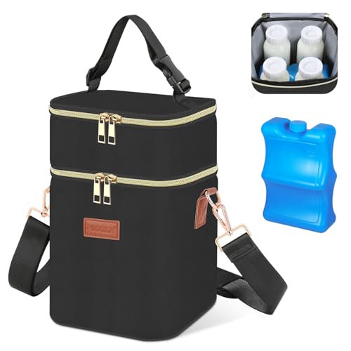 Image of PIIOSER Baby Bottle Tote Bag with Ice Pack, Fits 4 Baby Bottles Up to 9 Ounce, Small Insulated Breastmilk Cooler Travel Bag with Shoulder Strap for Nursing & Working Mom Daycare (Black-S)
