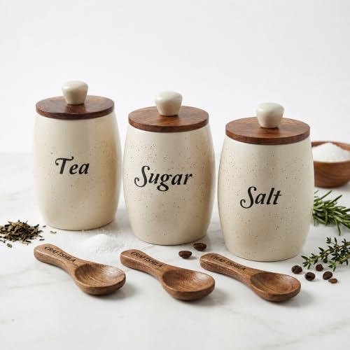 Image of Ceramic Tea Sugar Salt Containers Set of 3 with Wooden Spoons & Lids | Jar & Container for Kitchen Storage Set | Multi Utility Air Tight Kitchen Organizer Items (Hand-Painted, 400 ML)