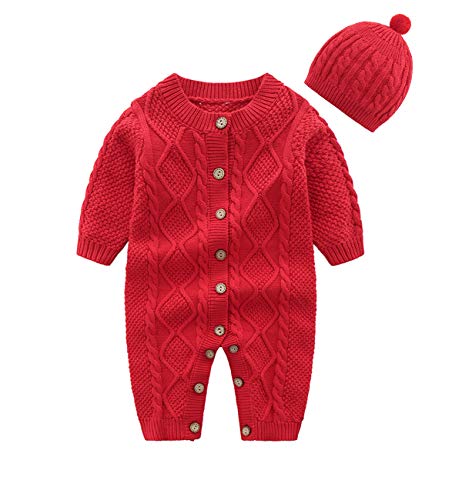 Image of JunNeng Baby Newborn Cotton Knitted Sweater Romper Longsleeve Outfit with Warm Hat Set,Red, 3-6 Months