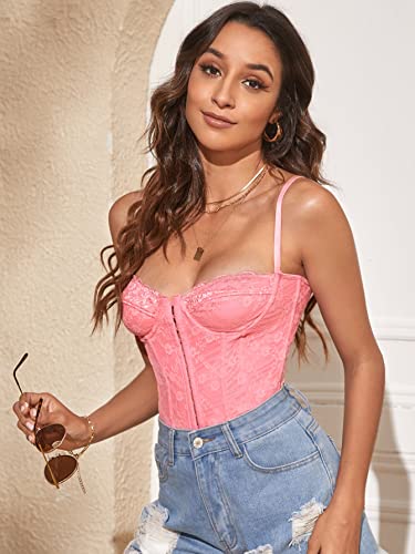 Makemechic Women's Lace Bustier Corset Top Spaghetti Strap Criss Cross Cami Crop Top Coral Pink M #TOP4