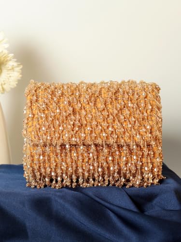 Image of THE TAN CLAN Rosa Golden Flap Over Clutch Bag for Women- Elegant Evening Handbag, Purse, Perfect for Weddings, Parties & Special Occasions