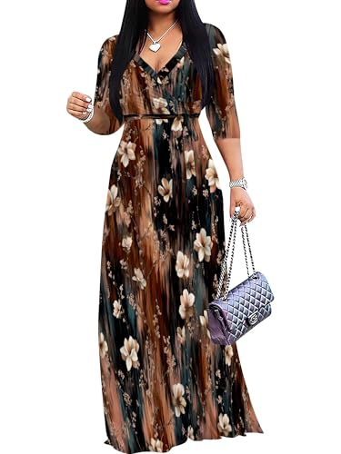 Image of Women's V Neck Floral Maxi Dress 3 /4 Sleeve Plus Size Boho Wrap Flowy Long Dresses with Belt