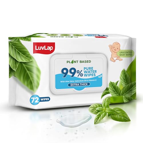 Image of LuvLap Plant Based 99% Pure Water Extra Thick Unscented Baby Wipes, 72s, with Aloe Vera & Vitamin E, pH Balanced, Paraben Free, Ideal for Delicate Skin, Dermatologically Tested