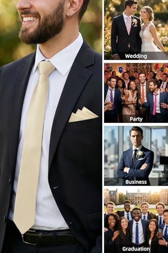 Image of HISDERN Mens Ties Solid Color Ties for Men Formal Necktie with Pocket Square Set Satin Silk Neck Tie Handkerchiefs Set