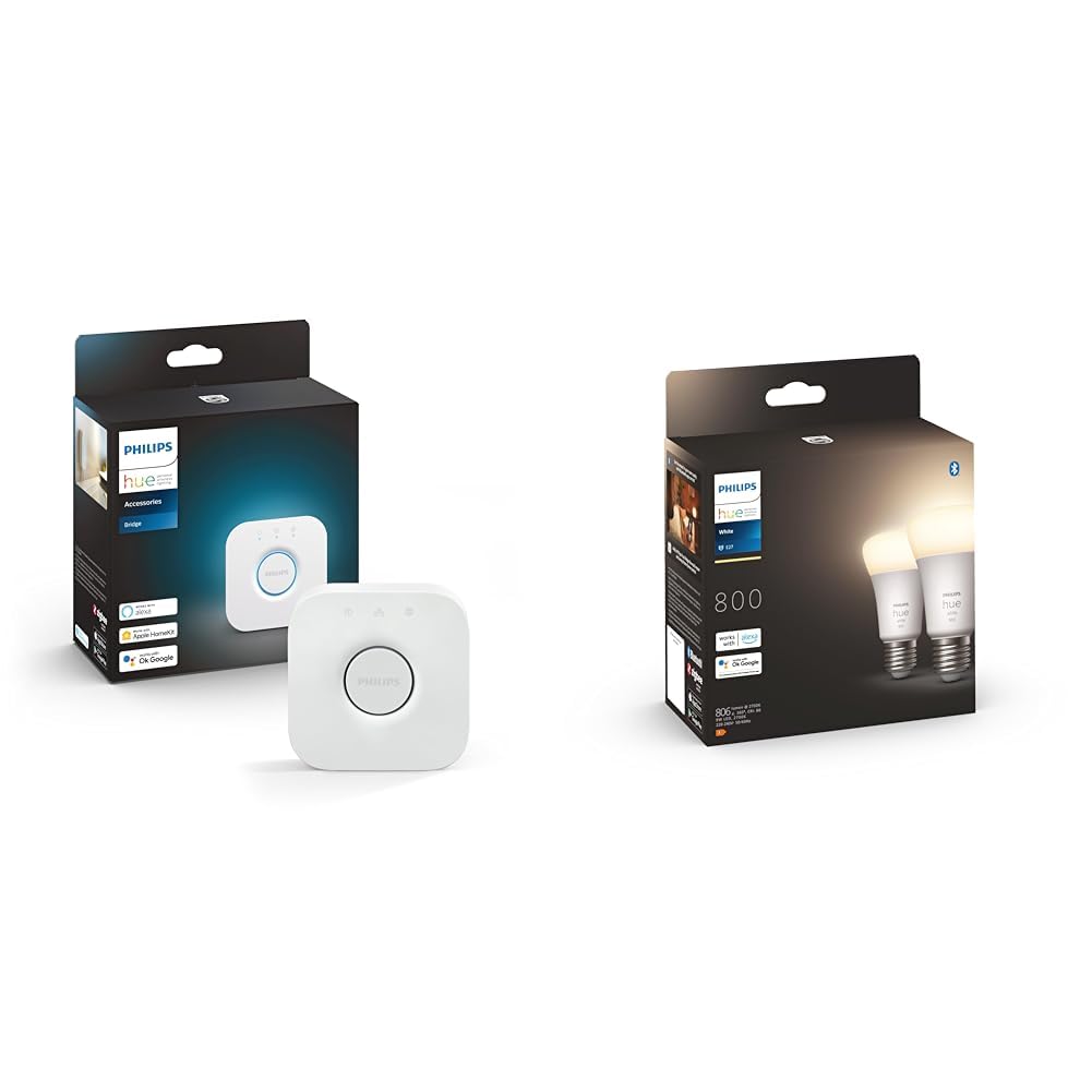 Philips Hue Bridge 2.0, Pont de connexion, fonctionne avec Alexa & White Ampoules LED Connectées E27, équivalent 60W, 800 lumen, Compatible Bluetooth, Pack de 2, fonctionne
