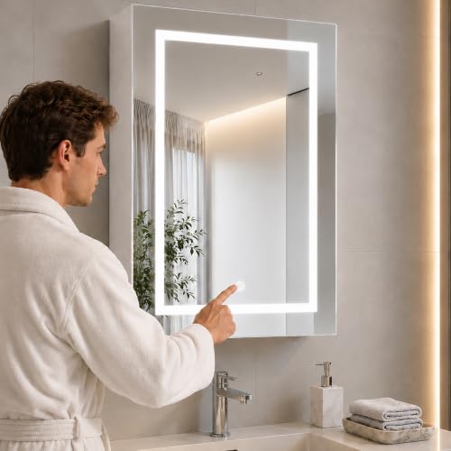 Poeahu Badezimmer spiegelschrank mit Beleuchtung 70x50x14 cm, Badezimmerschrank mit Verstellbarem Regal, Farbtemperatur Verstellbar, Schalter mit Touch-Sensor, Einfache Tür, Weiß