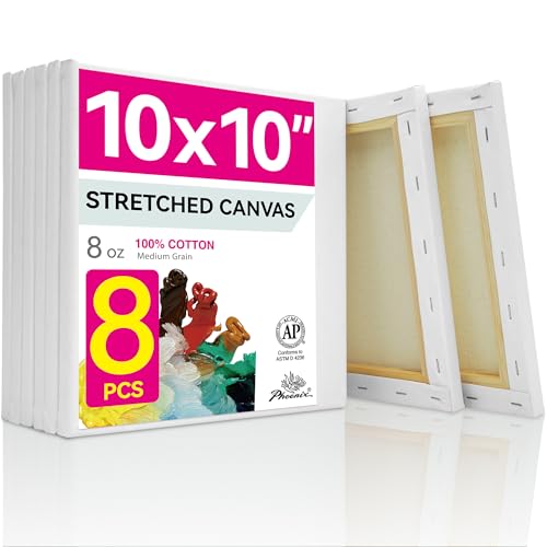 PHOENIX White Blank Cotton Stretched Canvas Artist Painting - 10x10 Inch / 8 Pack - 5/8 Inch Profile Triple Primed for Oil & Acrylic Paints