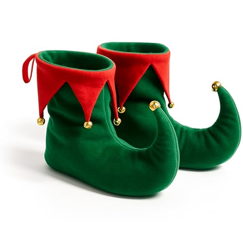 Adult Elf Costume Shoes Soft Plush Christmas Slippers with Bells Perfect for Santas Helper Cosplay & Festive Events