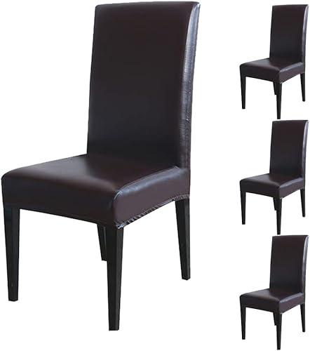 Hooshing Juego de 4 fundas para sillas de comedor, de piel sintética, impermeables y resistentes al aceite, color marrón
