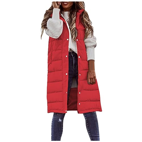 Smoneyful Women's Long Vest Sleeveless Lightweight Puffer Jacket Packable Hooded Down Coat Quilted Vest with Hood Winter