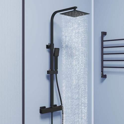 Biubiubath Thermostatic Shower Mixer Set | Dual Rainfall Shower Heads & Hose | Wall Mounted Bar Mixer Shower Chrome Finish | Adjustable Shower Riser Rail Kit (Matte Black)