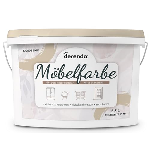 derendo M&ouml;belfarbe Holzfarbe f&uuml;r Innen &ndash; Ohne Schleifen, Kratzfest & Hochdeckend &ndash; Wasserbasierter Lack f&uuml;r M&ouml;bel, T&uuml;ren & K&uuml;chen &ndash; Emissionsarm & Pflegeleicht Sandbeige, 2,5 Liter