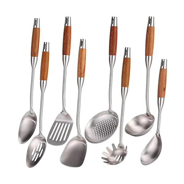 304 Stainless Steel Kitchen Utensils Set with Wood Handle, 8 PCS Metal Cooking Utensils & Serving Utensils Set - Spatula and Ladle Set, Non Stick Cooking Spoons Set, Kitchen Gadgets Cookware Set 304 Stainless Steel Kitchen Utensils Set with Wood Handle, 8 PCS Metal Cooking Utensils & Serving Utensils Set - Spatula and Ladle Set, Non Stick Cooking Spoons Set, Kitchen Gadgets Cookware Set