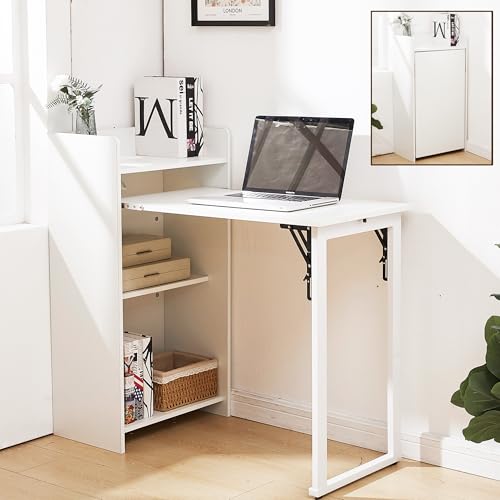 boknight Fold Out Desk Hidden Desk with Built-in Outlet Foldable Desk with Storage for Small Spaces Home Office and Bedroom (White)