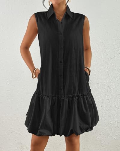 Image of Bsubseach Womens Casual Summer Dresses Sleeveless Linen Bubble Mini Short Dress Button Down Shirt Sundress with Pockets