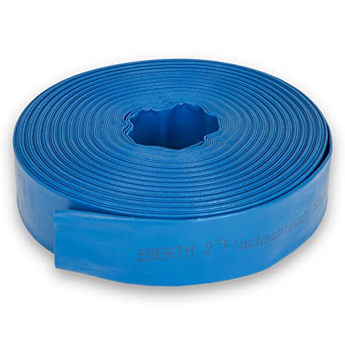 EBERTH 2' manguera plana de jardín para bombas en 50m de longitud, 2 pulgadas, 52mm de diámetro, flexible, PVC resistente, manguera industrial, manguera de agua para riego, en azul