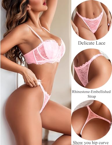Image of Avidlove Lace Thongs for Women with Rhinestone-Embellished Strap Cheeky Underwear Sexy Panties 1-3 Pack