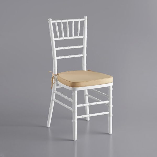 Silla Chiavari de madera blanca, asiento acolchado dorado, 15.5x15.75x35 pulgadas, capacidad de 400 libras, apilable, uso en interiores y exteriores