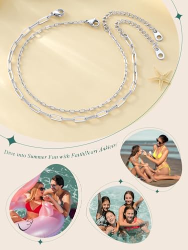 Image of FaithHeart Waterproof Ankle Bracelets for Women, 1 /2 /3Pcs Non Tarnish Stainless Steel Layered Anklet Set Paperclip Figaro Cuban Link Chain Dainty Summer Beach Jewelry Gift Adjustable Size