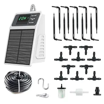 Solar Automatic Drip Irrigation System, DIY Self Watering System with Timer, 10m/33FT Hose, Solar Powered Auto Irrigation Kit for Greenhouse Accessories for Yard, Lawn