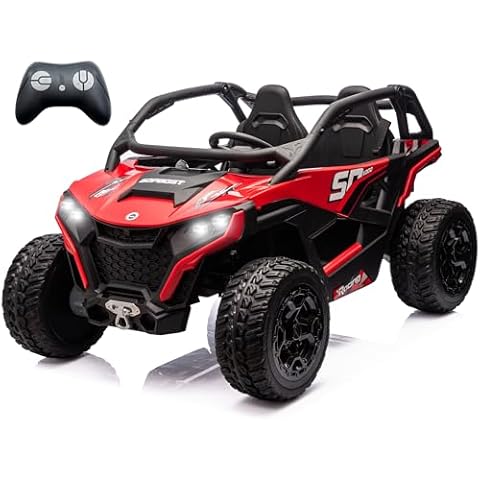sopbost XL 24V 10Ah Real 2-Seater Kids UTV 5MPH Ride On Car with 4x75W Motors for Kids 3-8 w/Remote Control, Bluetooth Music, Ignition Start & 4 Spring Suspension, 21.85" Spacious Seat - Red Cover