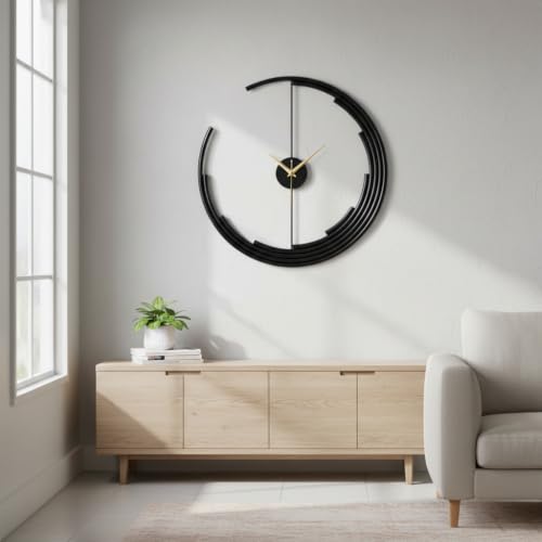 Image of Wakefit Metal Round Analog Wall Clock 24 Inch Modern Abstract Silent Movement Decorative Wall Clock for Living Room Bedroom Study Office Home Premium Gift | Black (Orbitt)