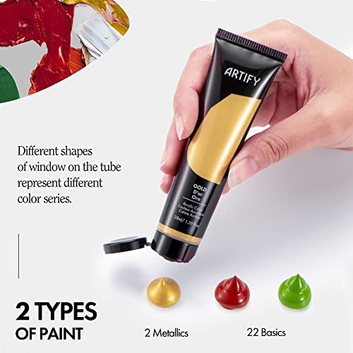 Artify Professional Heavy Body Acrylic Paint Set, 24 Colors (1.29 Oz, 38Ml) Acrylic Paint Tubes With A Storage Box, Rich Pigments, Metallic Paints, Non Fading, Non Toxic Acrylic Paint Set For Adults, Artist, Kids & Beginners, Art Paint Supplies For Canvas Craft Rocks Wood Painting #TOP1
