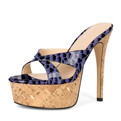 Image of Esvowido Heeled Mules for Women Cork Platform Stiletto Heels Slip on Open Toe High Heeled Sandals Crisscross Slippers Pumps Shoes