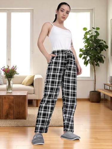 Image of KRYPTIC Women's 100% Pure Cotton Woven Pyjama | Mid Rise Relaxed Fit Full Length Nightwear Pant with Elasticated Drawstring Waistband & Side Pocket | Comfortable Lounge, Sleepwear & Casual Bottom Wear