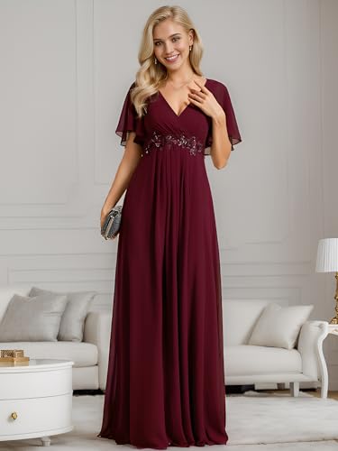 Image of Ever-Pretty Women's Spring Short Sleeve Bridesmaid Dresses V-Neck Chiffon Ruched Empire Waist Appliques Long Formal Dress