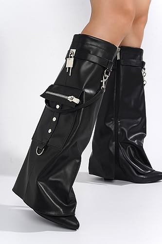 Cape Robbin Knee-High Boots for Women: Wedge Heel, Zipper Closure, Black, Size 5.5-114