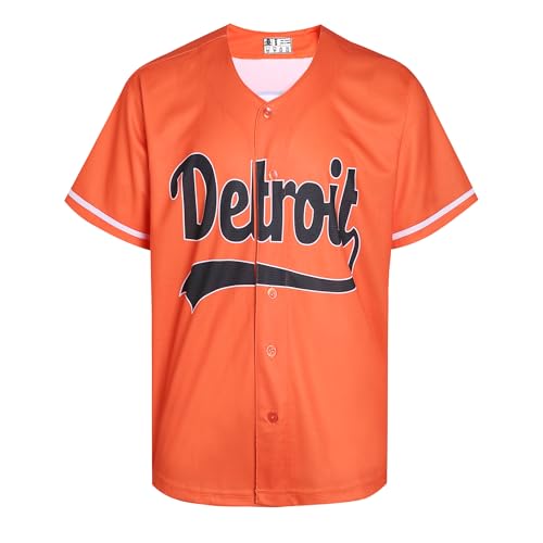 DEHANER Detroit City Mens Baseball Jersey for Women Hip Hop Full Button Up Shirt Classic Party Outfits Gym Tops Black Letters Orange Jersey Men Size Small