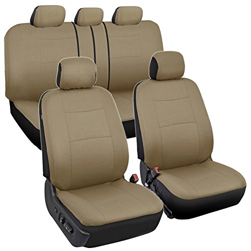 BDK OS-309-AB Tan Trim Black Car Seat Covers Full 9 Piece Set, Sleek & Stylish, Split Option Bench 5 Headrests Front & Rear Bench, Beige