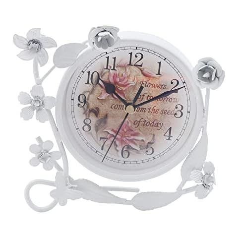 ROMYIX Modern Rustic Clock White, Desk Clock With Flower Holder,Pastoral Silent Flower Clock Butterfly Desk Clock Diamond Iron Art Home Decor Table Clock Cover