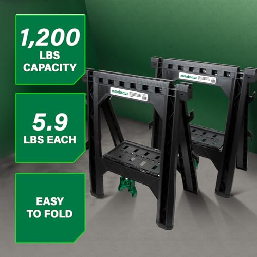 Metabo HPT Folding Sawhorses, 2-Pack, Lightweight Design, 1,200 lbs Capacity, Includes 4 Sawbucks, Ideal for Extra Workstations, Non-Skid Feet for Stability, Built-In Shelf and Cord Hooks, 115445M - Image 2