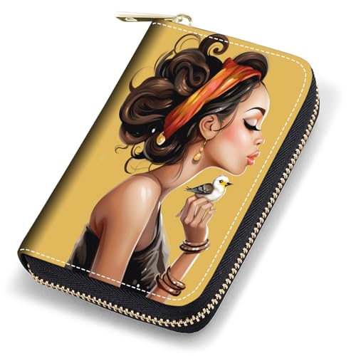 Credit Card Holder Wallets for Women, RFID Blocking Small Leather Card Case Wallet with Zipper Accordion Wallets, African American Girl