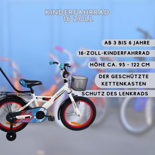 VIKAS Kinderfahrrad Fahrrad Kinder Ab 3 Bis 6 Jahre Mit Stützrädern Abnehmbarer Schubstange Fahrradklingel 16 Zoll Radgröße Korb Für Junge Spark Weiß Rot Blau – Bild 3