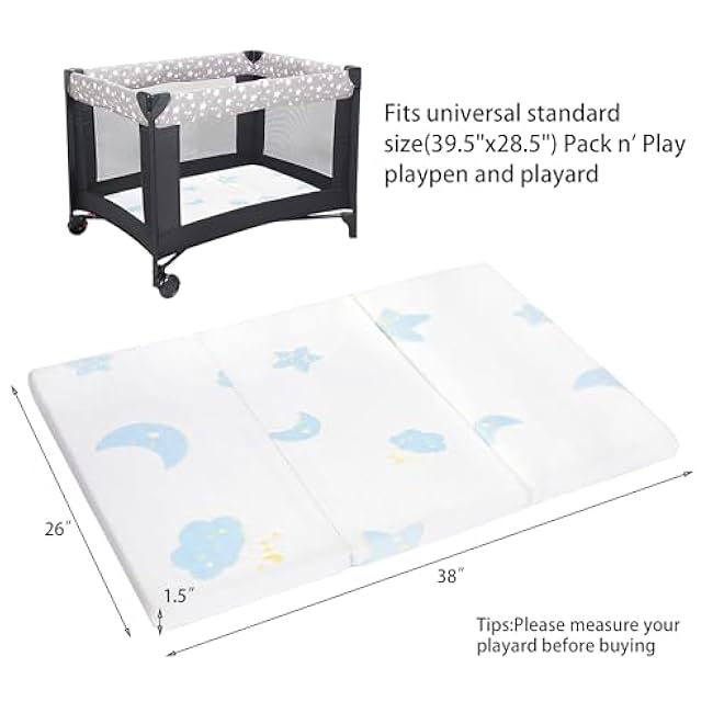 Pack and Play Mattress Pad£¬Trifold Portable Crib Pack N Play Mattresses,38 * 26 Inch Jacquard Playpen Mattress for Travel Soft Breathable Play Yard Mattress with Washable Cover (Moon/Star-Trifold)