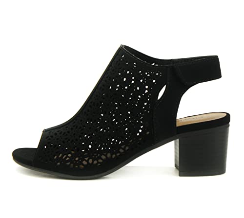 CITYCLASSIFIED “Elect” ~ Women’s Peep Toe Laser Cut Geometric Caged Slingback Ankle Strap Low Stacked Heel Ankle Bootie