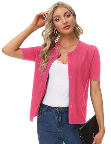 Women Shrugs And Cardigans Summer Puff Short Sleeve Shrugs Lightweight Button Up Sweater Cropped Cardigan Pink Xxl #TOP4