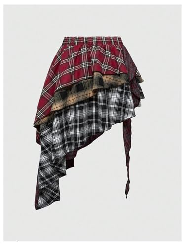 Verdusa Women's Plus Size Y2K Plaid Layered Ruffle Skirt Elastic Waist Asymmetrical Mini Skirts2