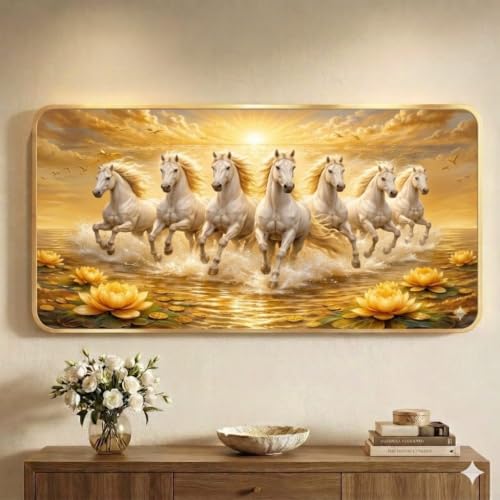 Image of Black Yard 7 Horses Realistic Painting With Frame For Wall Vastu | Seven Running Horse Painting For Wall Decor Living Room Decoration | Big Size Photo Frame (24 x 12 inch, 60 cm x 40 cm (Gold)