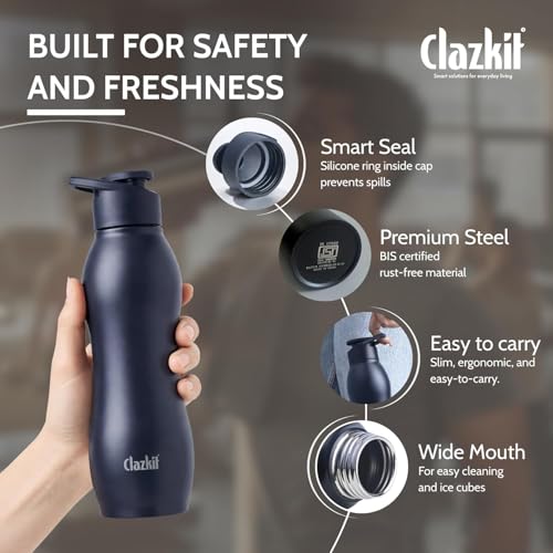 Image of Clazkit Platina Stainless Steel Black Matte Finish Water Bottle Set of 6 |ISI Certified | Leakproof, Rust-Free, BPA-Free, Durable for Fridge, Sports, Gym, Yoga & Office-1000ml