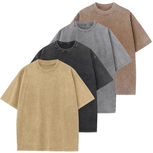 Image of Men's Oversized Cotton T-Shirts Loose Fit Vintage Washed Tee Unisex Short Sleeve Casual Shirts Tops