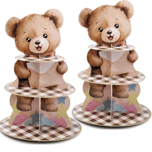 Apinwin 2 Pcs We Can Bearly Wait 3-Tier Cupcake Stand Holders for Brown Bear Theme Anniversary, Birthday, Baby Shower Table Decorations Party Supplies
