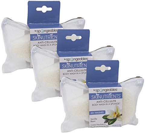 Spongeables Skinutrients AntiCellulite Body Wash in a Sponge Vanilla Bean Scent Spa Cellulite Massager Moisturizer and Exfoliator 20+ washes 4 Ounce Sponge, White, 3 Count