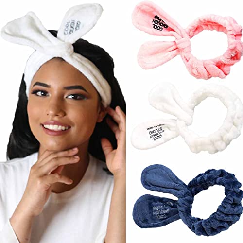JONKY Makeup hair bands Shower Elastic Hair Band Bunny Ear Facial Spa Headbands Coral Fleece Cosmetic Headband Washing Face Hair Wraps for Women and Girls (Pack of 3)